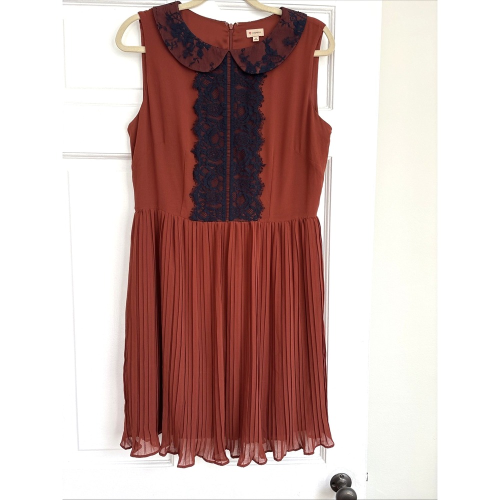 Cremieux Rust Orange Pleated Lace Peter Pan Collar Dress Size 10 3217M406